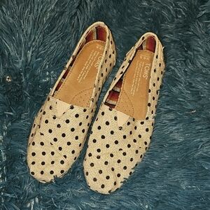 TOMS Beige Canvas Slip-On Flats with Black Polka Dots